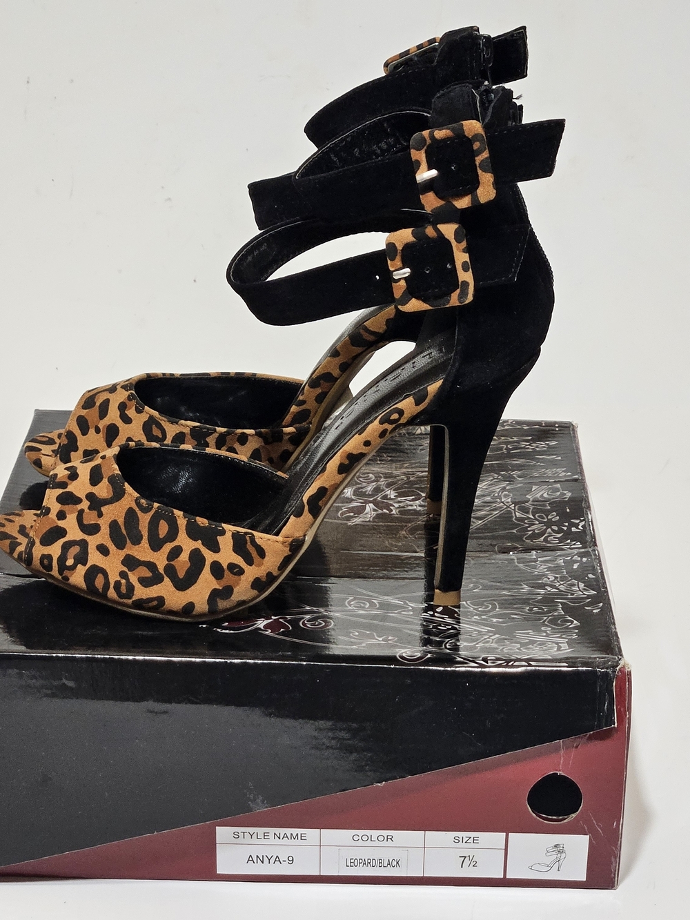 LILIANA Leopard & Black Buckle Ankle Strap Peep-Toe Stiletto Heels (Size 7.5) - Picture 5 of 15